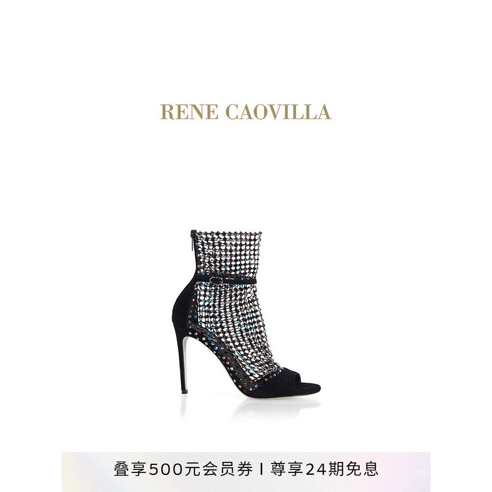 รองเท้าแตะผู้หญิงส้นสูงประดับคริสตัลสีดำ RENE CAOVILLA GALAXIA