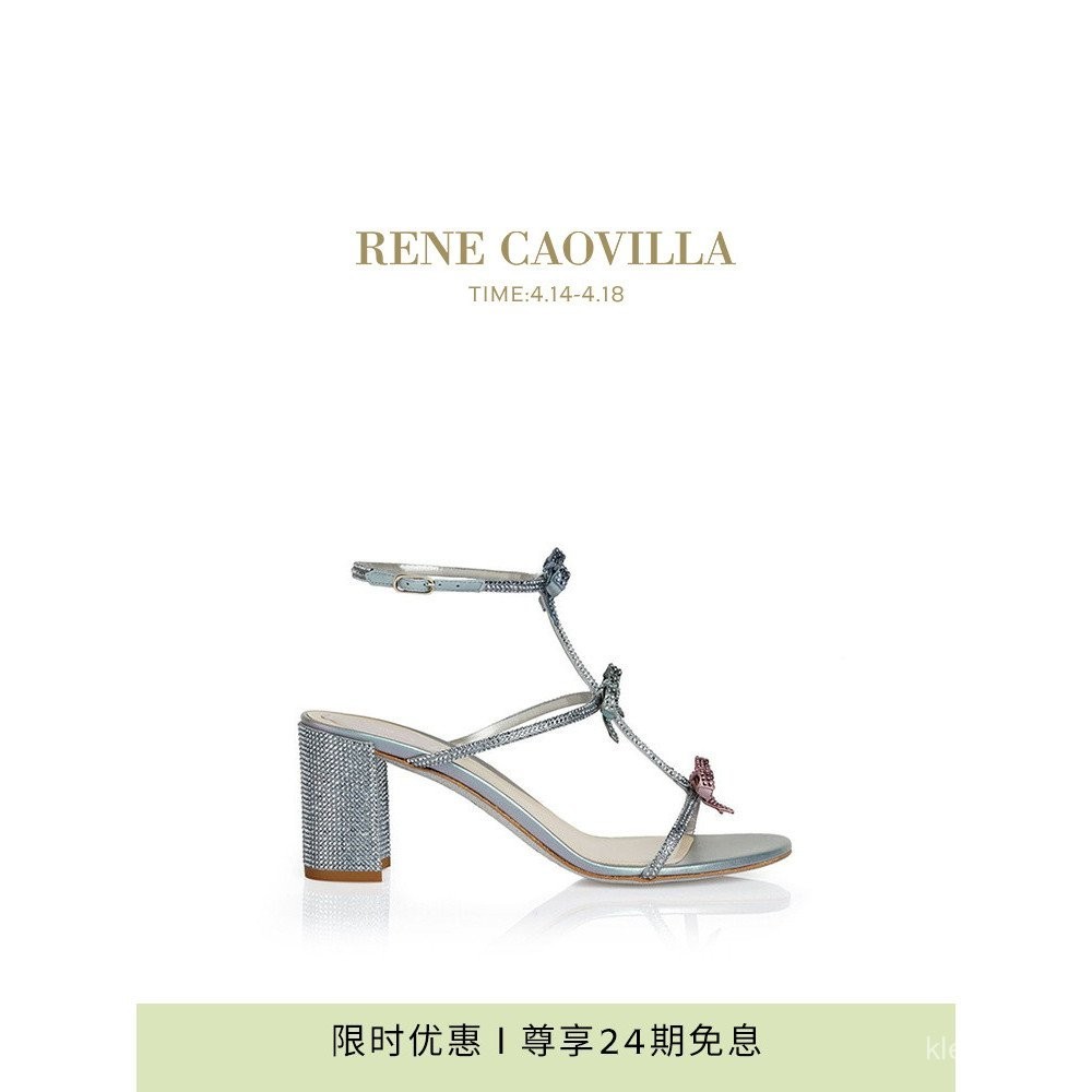 รองเท้าแตะส้นหนาแบบโบว์สีน้ำเงินซีรีส์ RENE CAOVILLA CATERINA