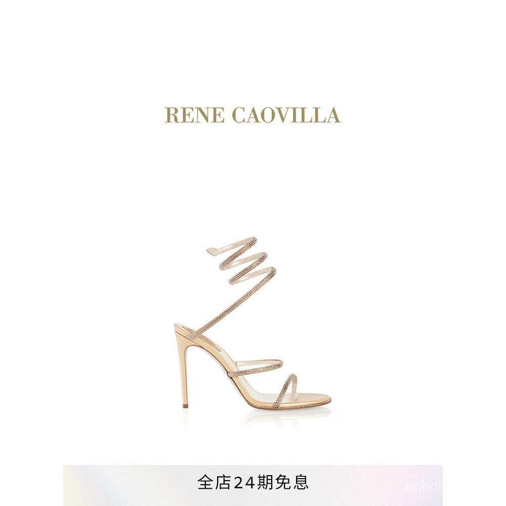 รองเท้าแตะส้นสูงบางเฉียบสีเบจประดับคริสตัลซีรีส์ RENE CAOVILLA CLEO