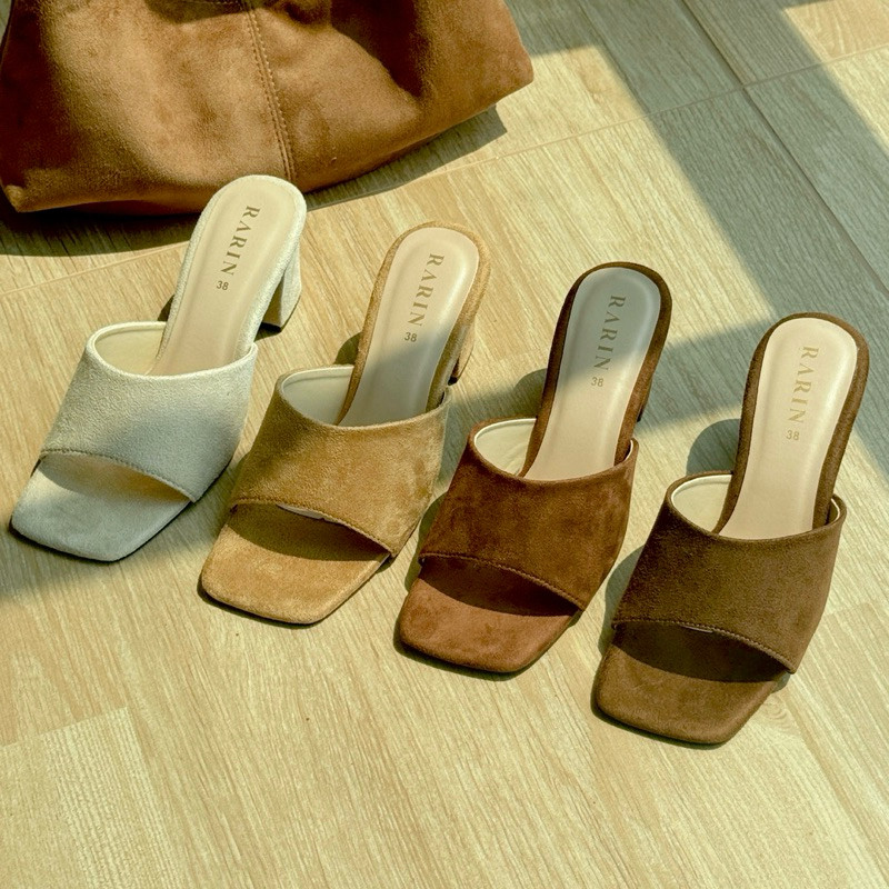 Rarin Camel 36 41 รองเท้าส้นสูง หนังกลับ เท้าอวบเท้ากว้าง เพิ่ม 1 ไซส์