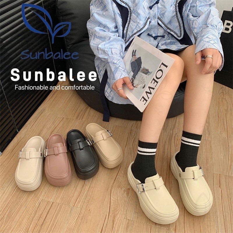 SHOSUNG57 รองเท้าหัวโต รองเท้าเสริมส้น 7 CM สำหรับผู้หญิง ตกแต่งสายเข็มขัด สีพื้น วัสดุ EVA สินค้าพร้อมส่ง