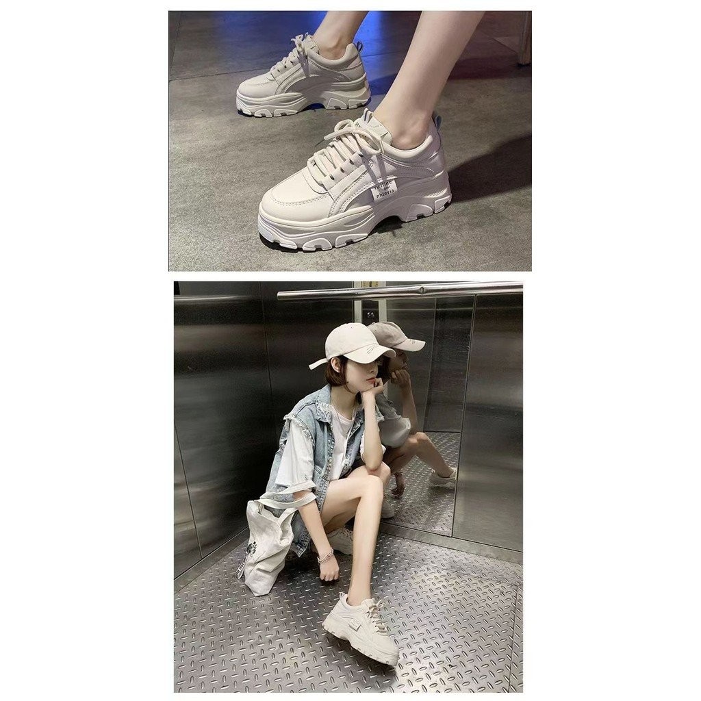 รองเท้าผ้าใบผู้หญิง Dad 2025 ฤดูใบไม้ผลิและฤดูใบไม้ร่วง พื้นหนา เพิ่มความสูง รองเท้าลำลองแฟชั่น สีพื้น รองเท้ากีฬาสีขาว