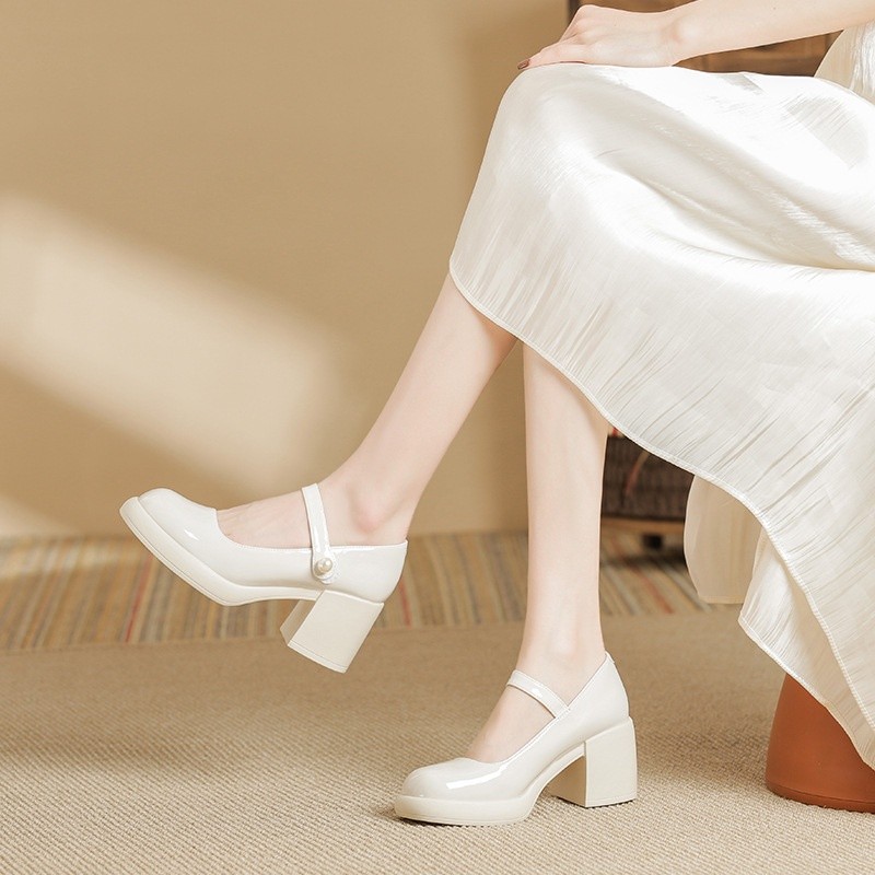 รองเท้าส้นสูง แบบหนา แต่งหัวเข็มขัด แฟชั่น ส้นหนา ทรงสี่เหลี่ยม แฟชั่นสาหรับผู้หญิง