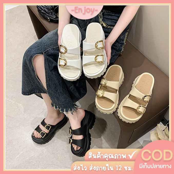 EnJoy พร้อมส่ง LT2021NewLT20221 วัสดุ EVA รองเท้าแตะแบบสวม ดีเทลสายคาด2เส้น อะไหล่ทอง ส้นตึกเสริมความสูง สูง 6cm