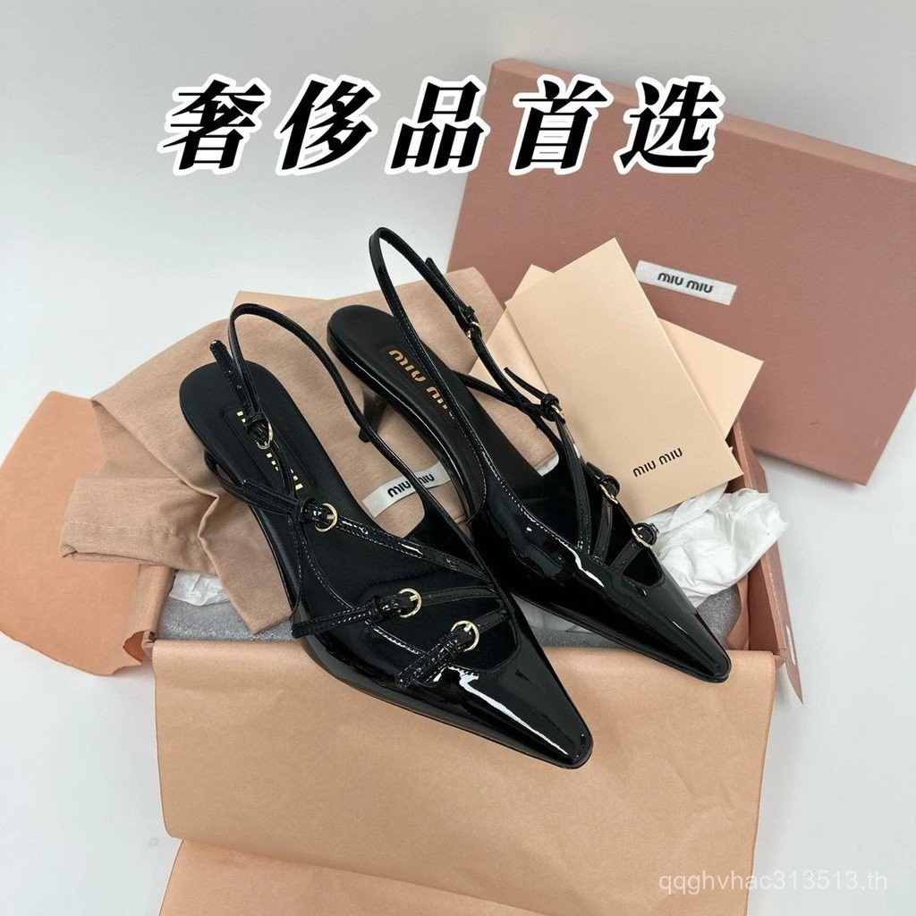Miumiu รองเท้าส้นสูง Zhang Yuanying สไตล์เดียวกันสามสายรัดลูกแมวส้นรองเท้าแตะกลับ Stiletto Pointed Toe รองเท้า Mary Jane รองเท้า
