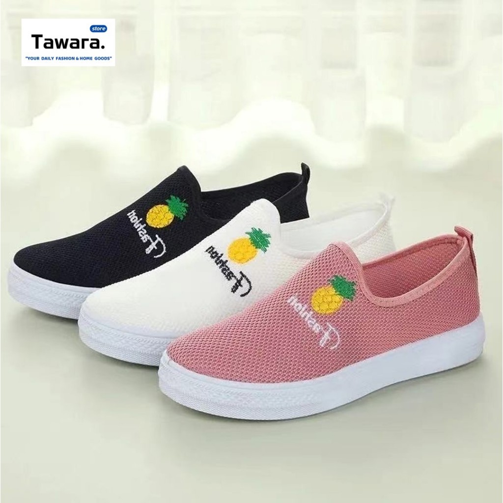SE037 รองเท้าผ้าใบลำลอง ผู้หญิง แบบสวม สีพื้น เรียบ แต่งลายสับปะรด ทรงสวย ใส่สบายเท้า ระบายอากาศได้ดี
