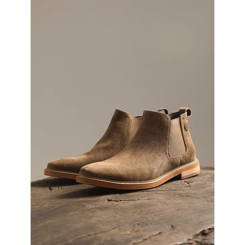 R RUONDMAM เชลซีรองเท้าผู้ชายของแท้หนัง Suede อังกฤษรองเท้าสั้นผู้ชาย Plush รองเท้าหนัง Frosted HighTop รองเท้าหนังอบอุ่น