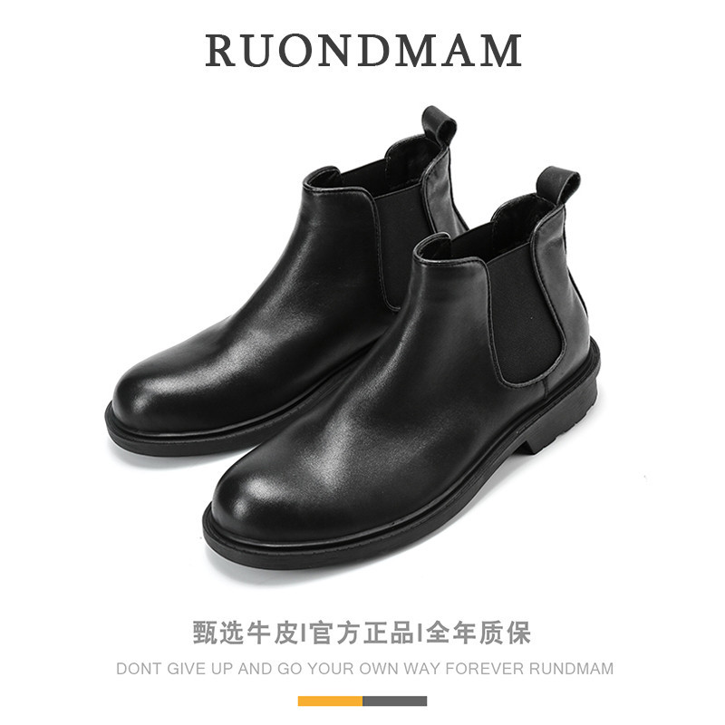 R RUONDMAM ฤดูหนาวสไตล์ใหม่ Plus กามะหยี่เชลซีรองเท้าชายอังกฤษของแท้หนัง Martin BOOTS Warm Retro Casual สั้นรองเท้า