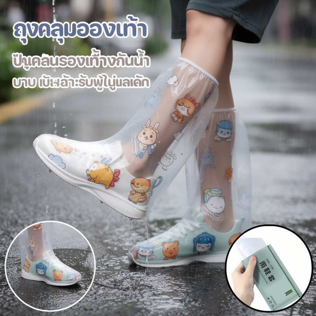 ถุงคลุมรองเท้ากันน้ำ คลุมรองเท้าฝน แบบใช้แล้วทิ้ง PE หนา ทนทาน กันลื่น พกพาง่าย เดินป่า