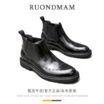 R RUONDMAM เชลซีรองเท้าผู้ชายของแท้หนังอังกฤษ HighTop รองเท้าหนัง Brock แกะสลักธุรกิจสวมใส่อย่างเป็นทางการสบายๆรองเท้าสั้น