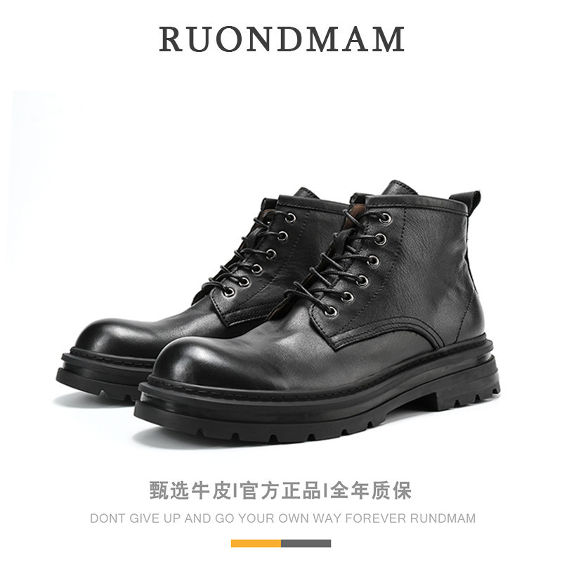 R RUONDMAM Casual Martin รองเท้าผู้ชายฤดูใบไม้ร่วงฤดูหนาว Warm First Layer Cowhide รองเท้าผู้ชายของแท้หนัง Retro อังกฤษซับขนแกะสั้น Boot