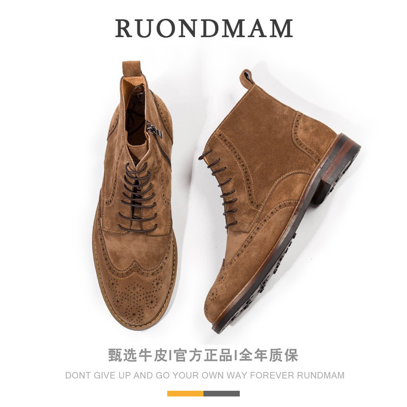 R RUONDMAM ฤดูใบไม้ร่วงฤดูหนาวสไตล์ใหม่เชลซีรองเท้าผู้ชายของแท้หนัง Suede สั้นรองเท้าสบายๆหนา Soled ของแท้หนัง Martin รองเท้าผู้ชาย