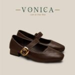 VONICA เกาหลี รองเท้าส้นสูงผู้หญิง Mary Jane แฟชั่น Retro สไตล์ Oneline Buckle Square Toe รองเท้า