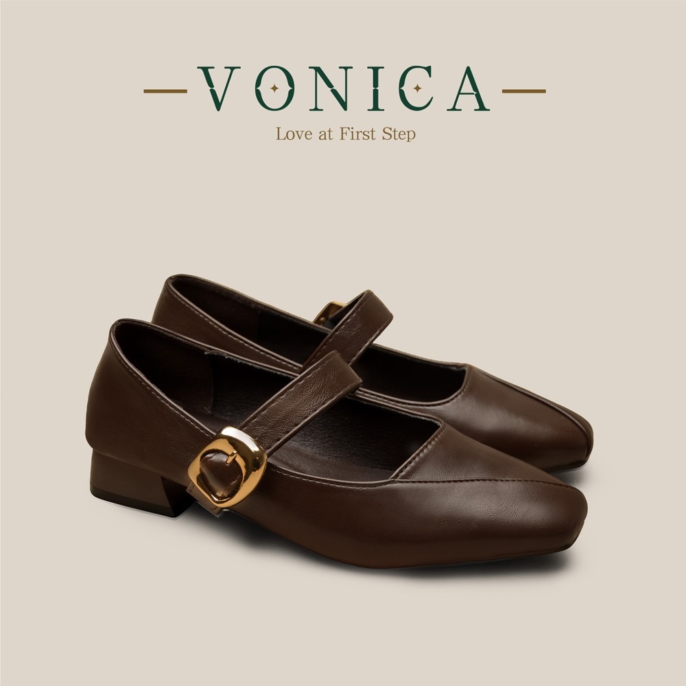 VONICA เกาหลี รองเท้าส้นสูงผู้หญิง Mary Jane แฟชั่น Retro สไตล์ Oneline Buckle Square Toe รองเท้า