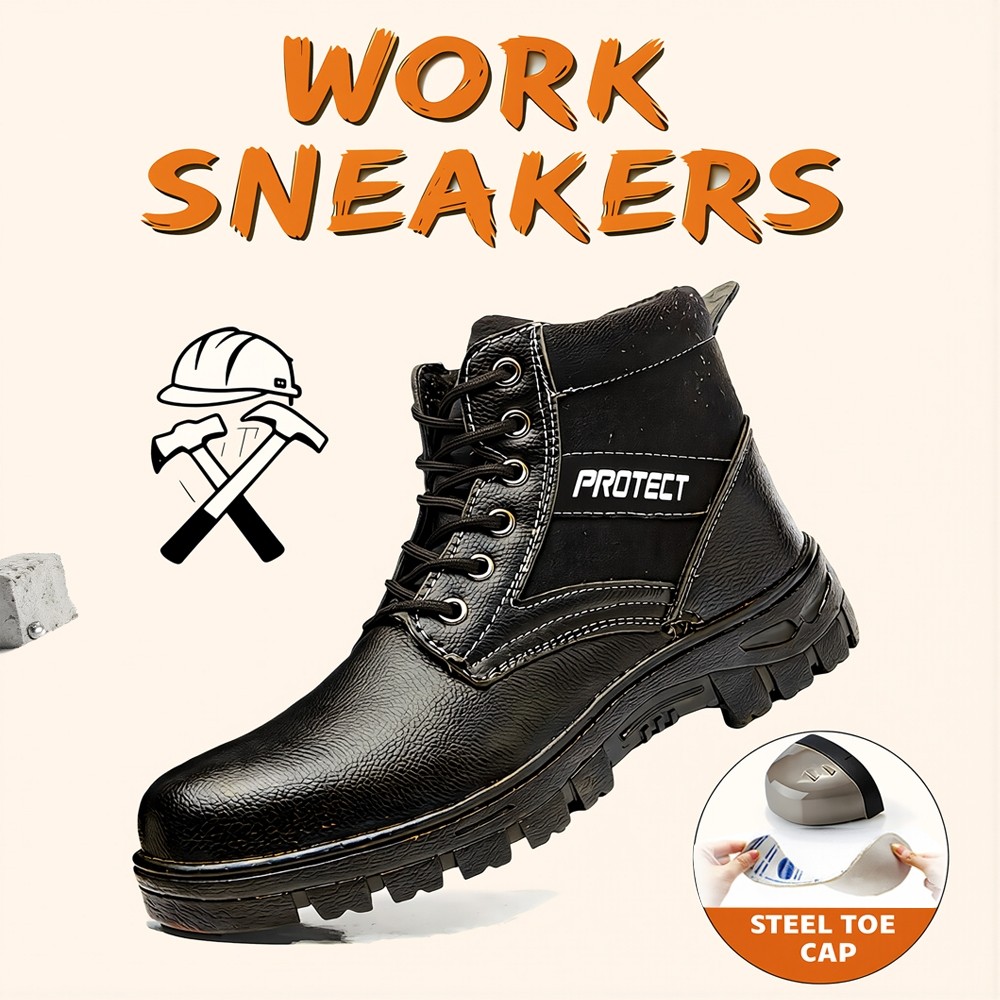Free socks ผลิตภัณฑ์ใหม่ รองเท้านิรภัยสีดำ รองเท้าผ้าใบหัวเหล็ก กันกระแทกและป้องกันการเจาะ ป้องกันการลื่นไถล ขายส่ง