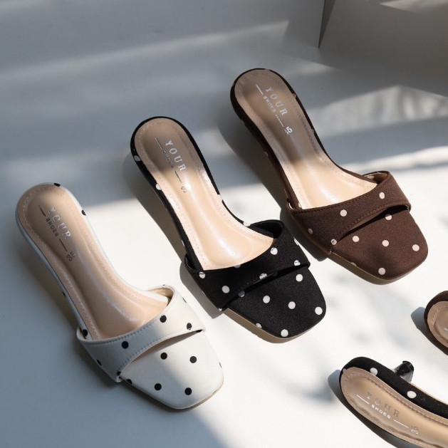 YOURSHOES N45 รองเท้าส้นสูง 1นิ้ว รองเท้าลายจุด รองเท้าPolkadot