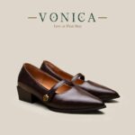 VONICA รองเท้าแมรี่เจนผู้หญิง หัวแหลม ส้นตัน สายคล้องทอง สไตล์วินเทจ สำหรับปาร์ตี้ ไปทำงาน ใส่สบาย